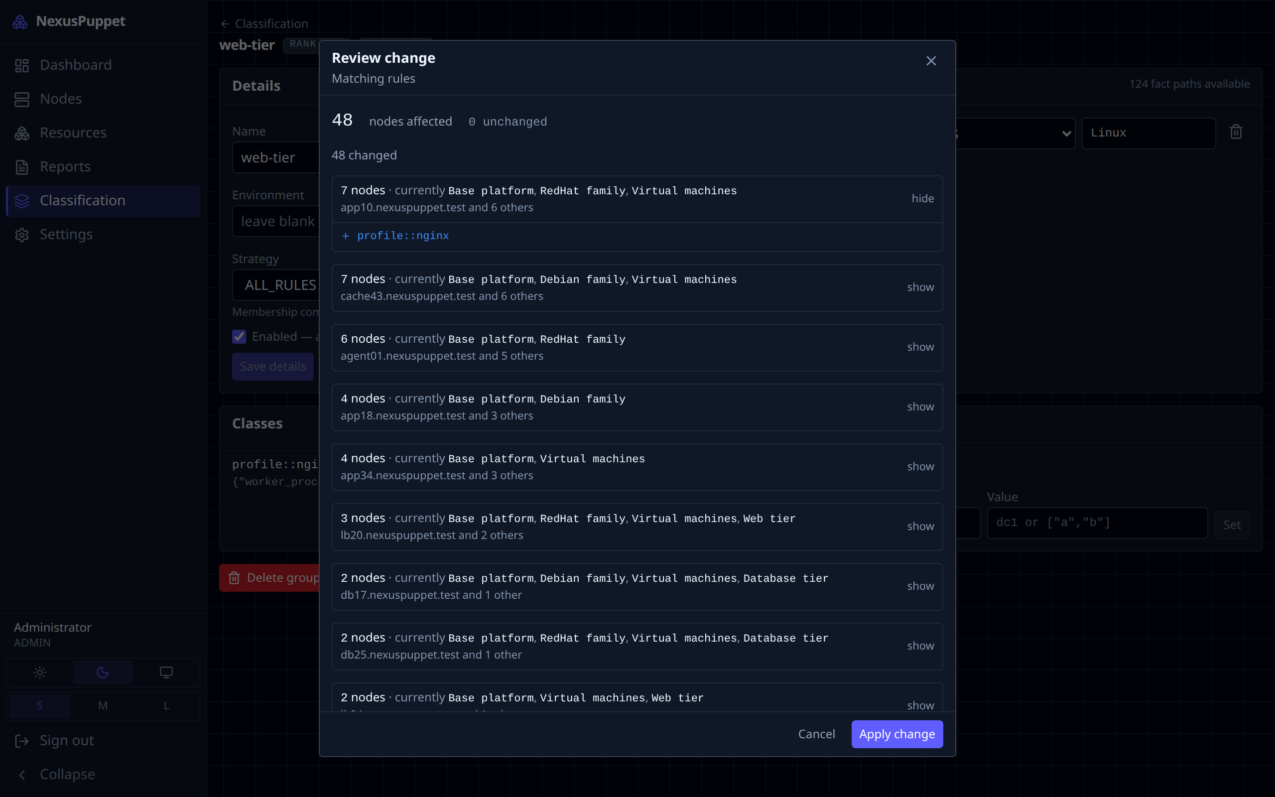 The plan review dialog, showing what a classification change would do